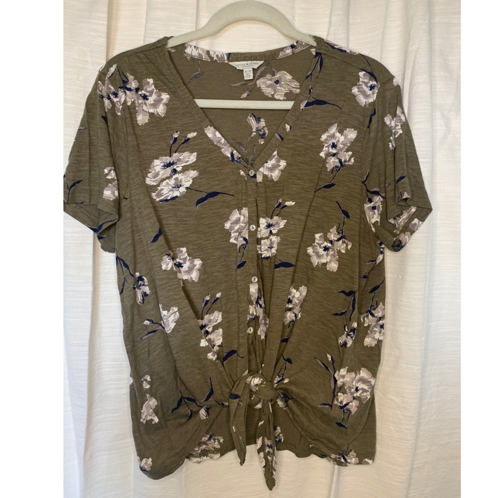 Lucky Brand Green Floral Tie Front Top